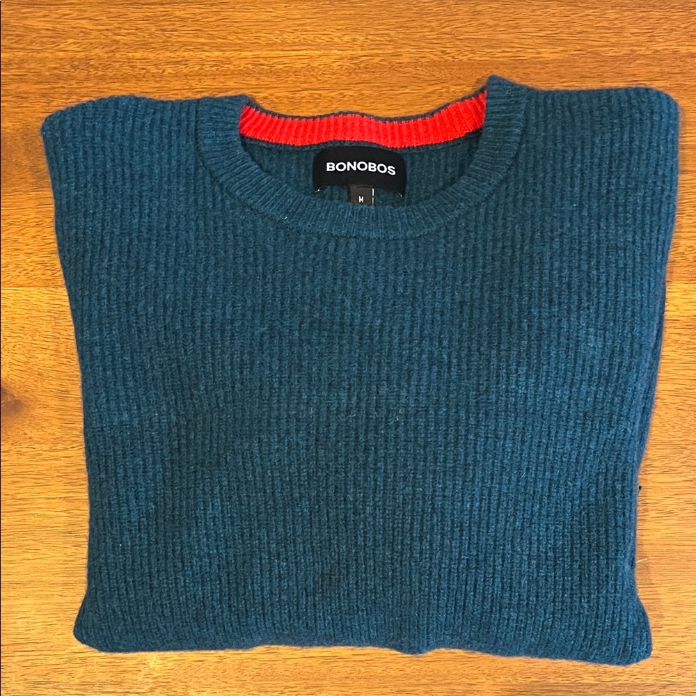 Bonobos Men's Teal Crewneck Sweater with Red Trim